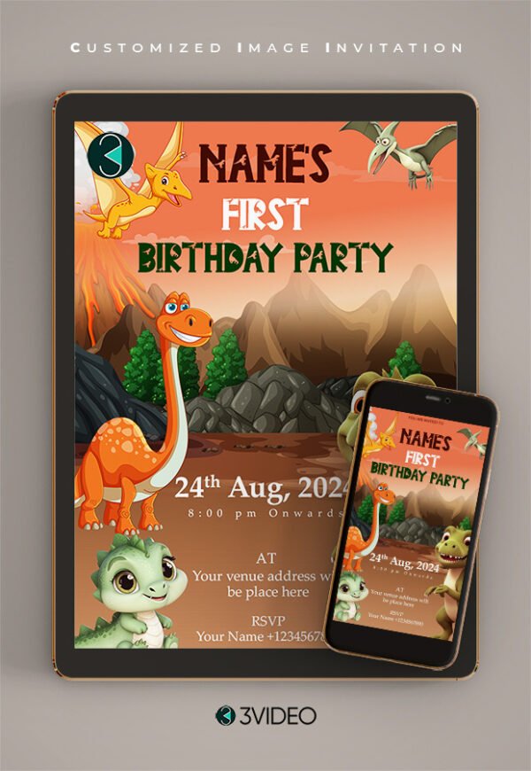 dinosaur 1st birthday invitations card thumbnail