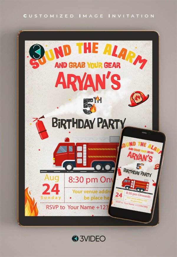 Firetruck Birthday Party Invitation Card thumbnail