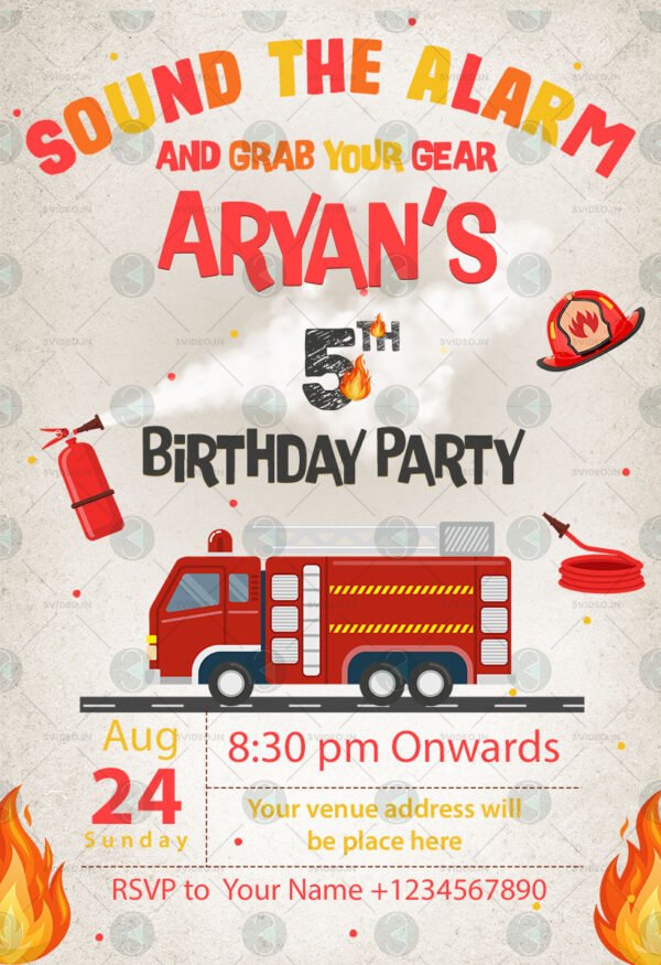 Firetruck Birthday Party Invitation Card template