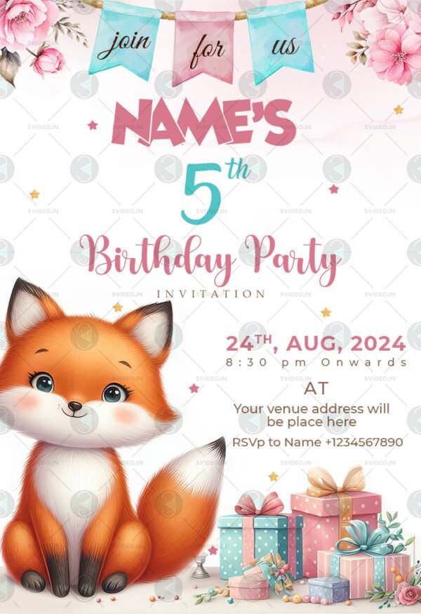 Fox birthday invitations Card template