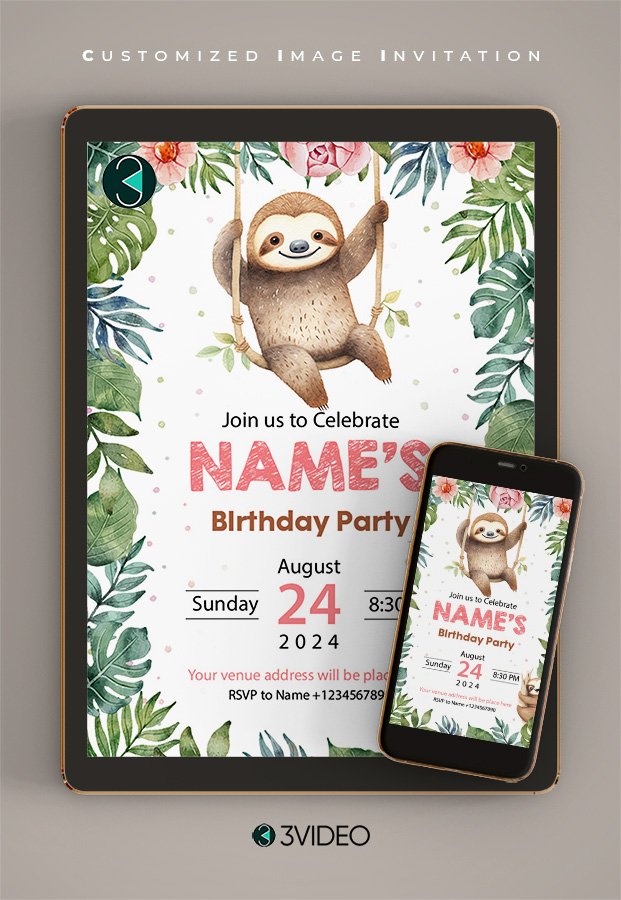 Sloth birthday invitations card