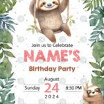 Sloth birthday invitations card design