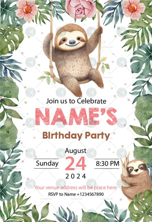 Sloth birthday invitations card design