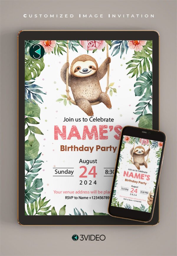 sloth birthday invitations thumbnail