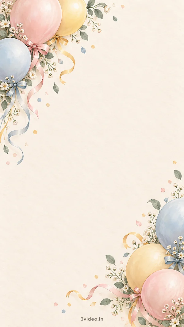Pastel balloons and florals birthday invitation background with blank centre and 3video.in footer