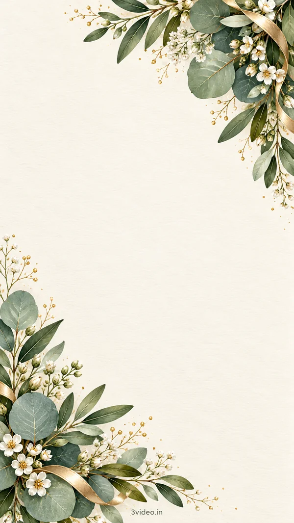 Botanical ivory birthday invitation background with blank centre and 3video.in footer