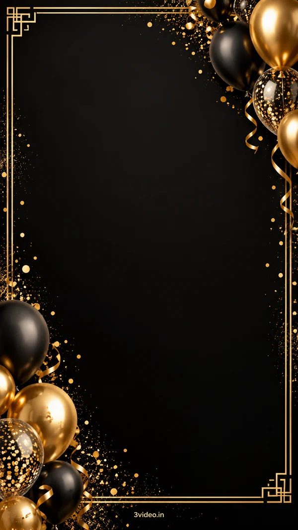 Black and gold celebration birthday invitation background with blank centre and 3video.in footer