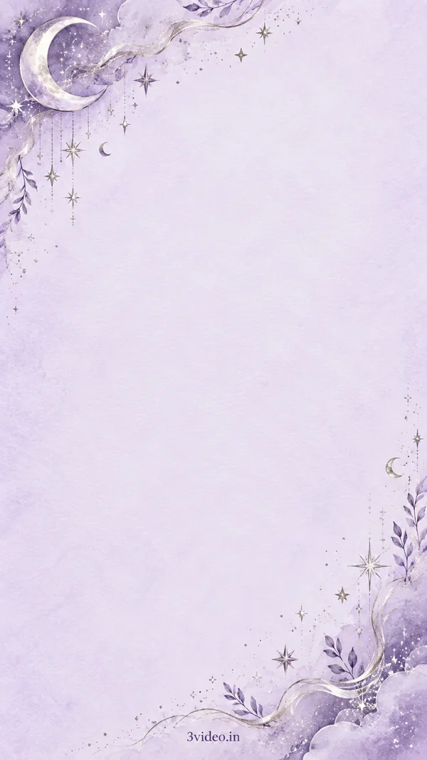 Lilac moon and stars birthday invitation background with blank centre and 3video.in footer