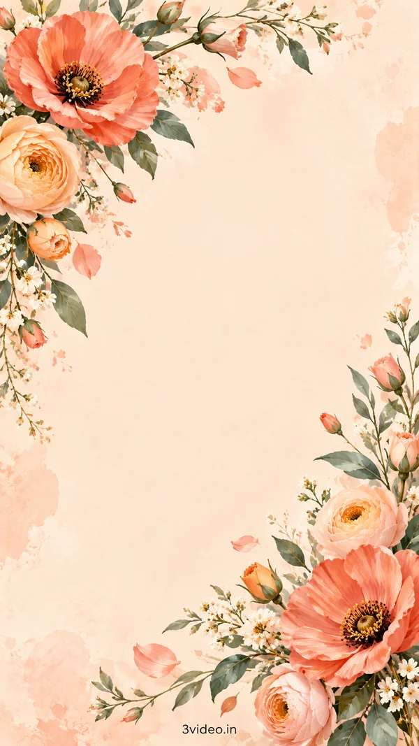 Peach florals birthday invitation background with blank centre and 3video.in footer