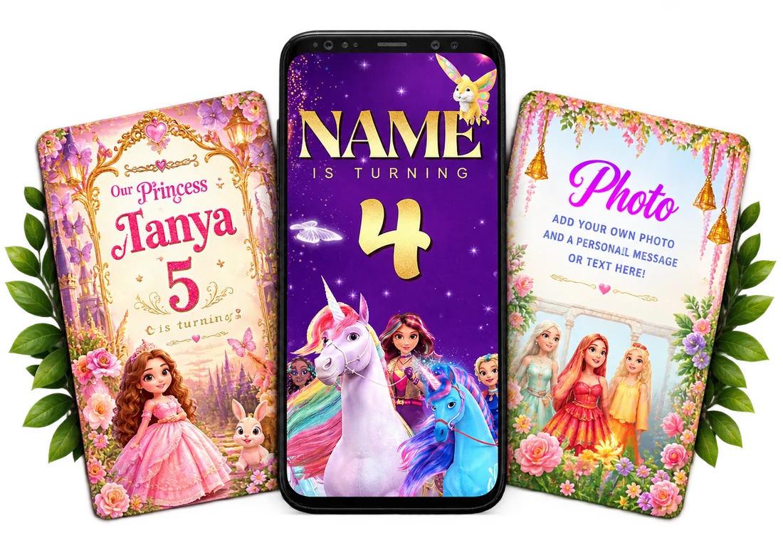 Unicorn Academy birthday invitation phone with two angled invitation cards and green leaves