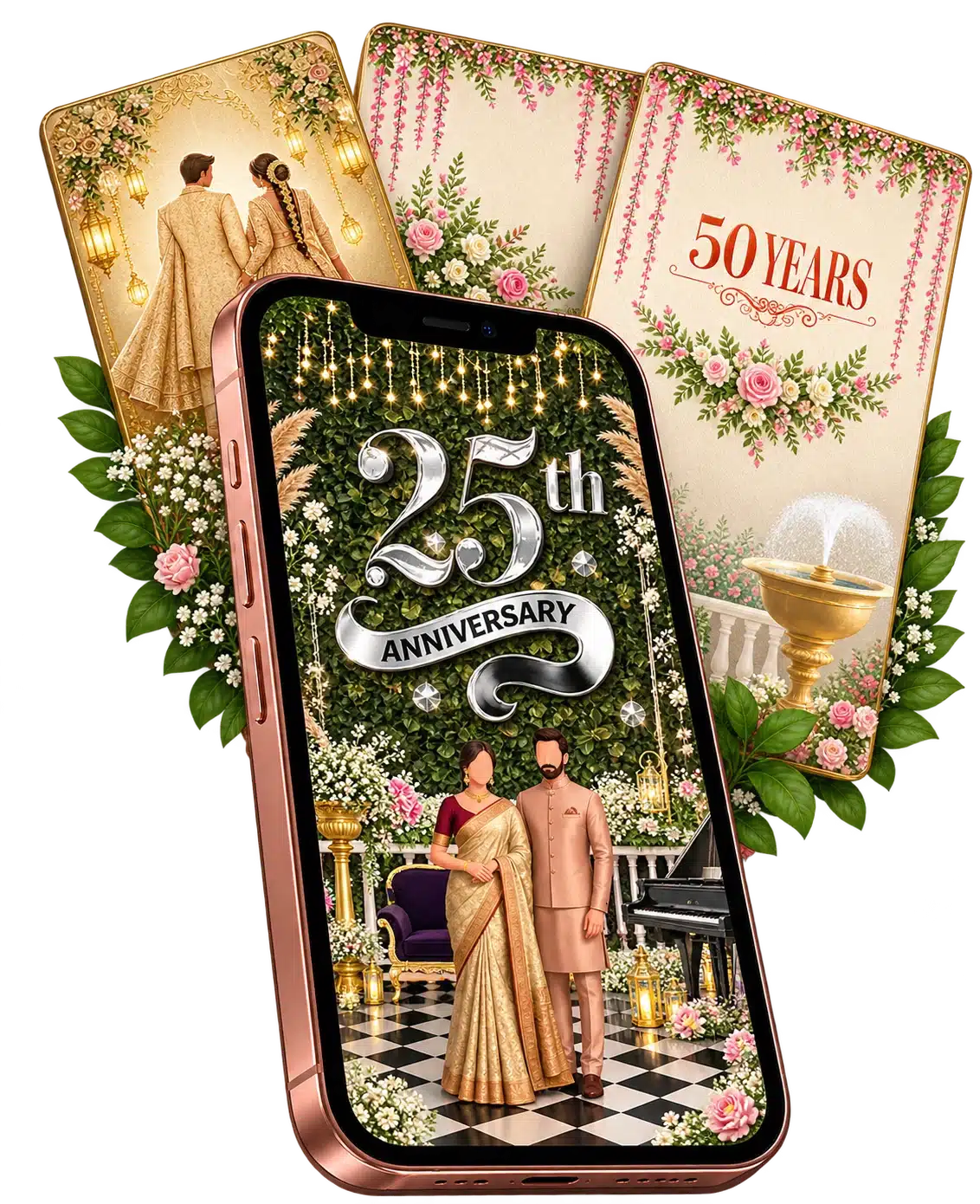 Silver anniversary invitation on a rose-gold phone with floral anniversary cards