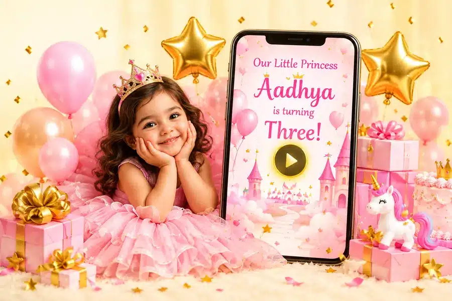 Birthday princess with balloons and a personalized pink invitation