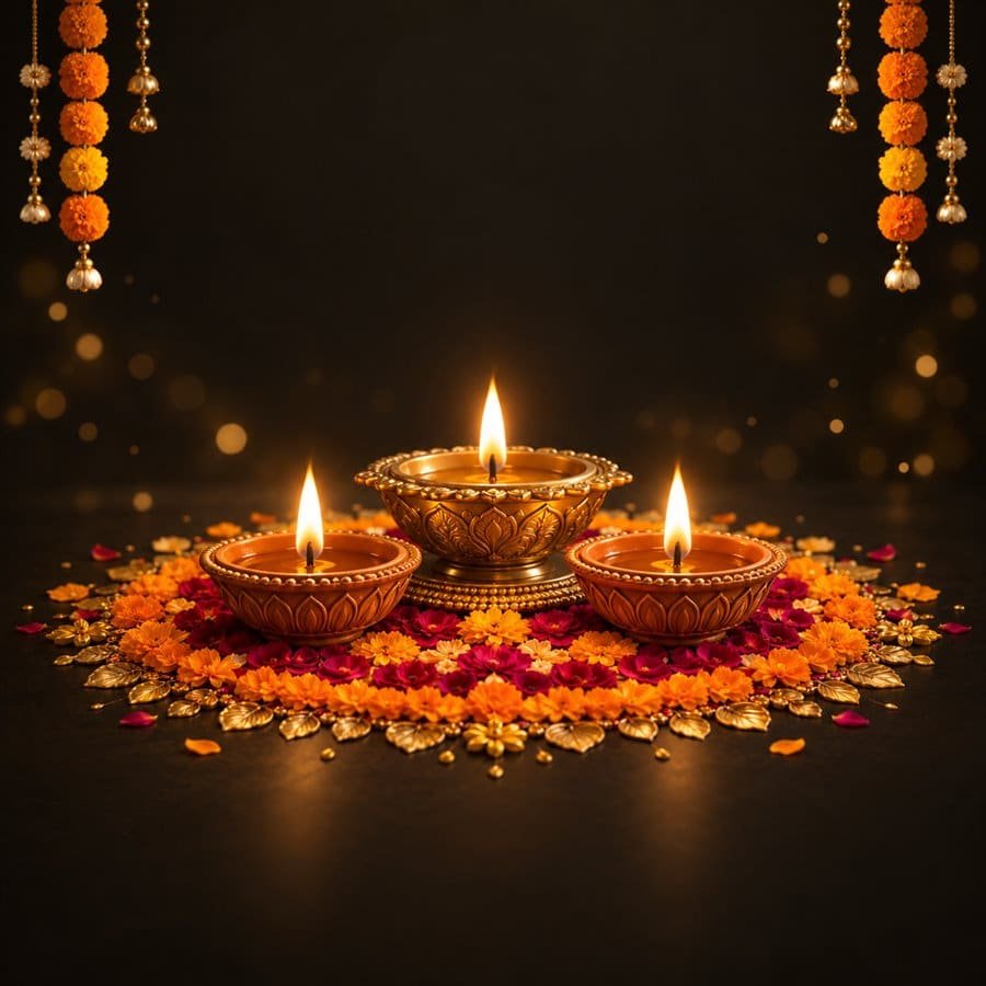 Glowing Diwali diyas surrounded by a colourful floral rangoli and marigold decorations