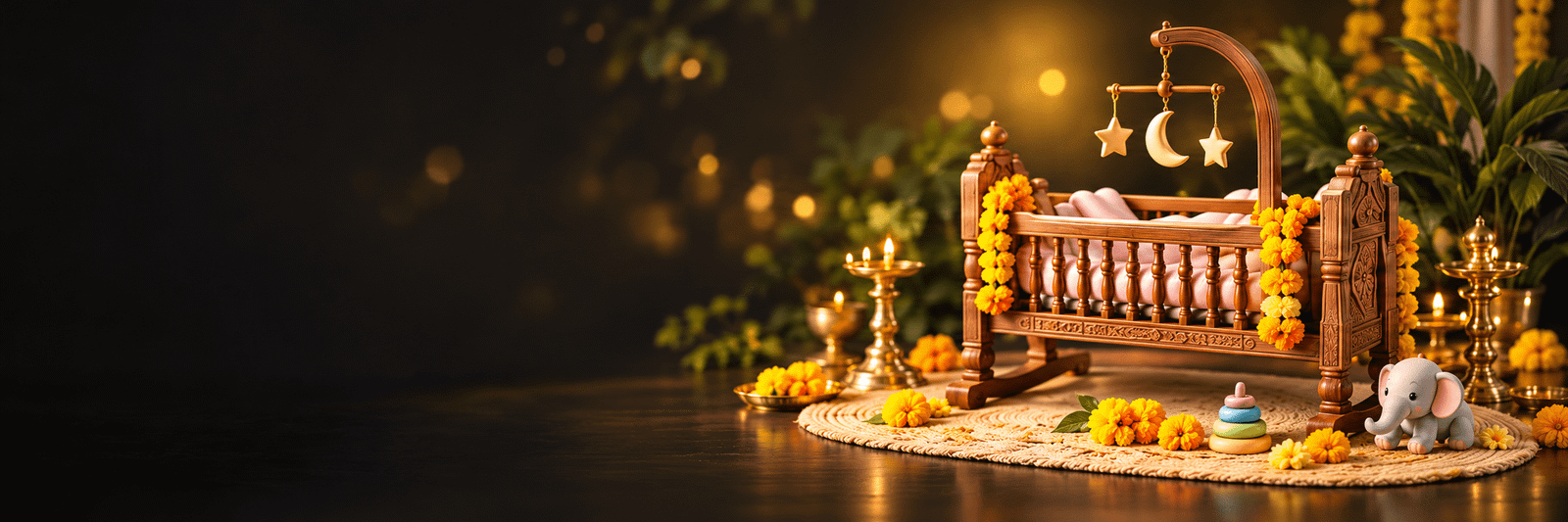 Warm wooden baby cradle with marigold garlands, a moon-and-stars mobile, brass lamps and an elephant toy.